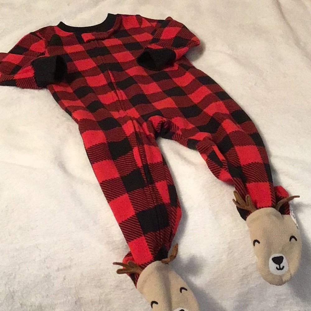 Kids red and black plaid one piece footed pajamas